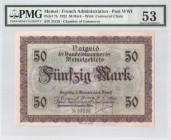 Lithuania 50 Mark 1922 Memel French Administration Banknote. S/N 33126. Chamber of Commerce. Pick#7b. PMG 53 About Uncirculated