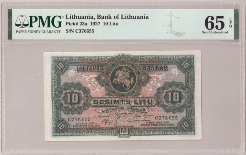 Lithuania 10 Litu 1927 Banknote. Pick #23a. S/N C376655. PMG 65 Gem Uncirculated...