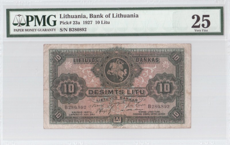 Lithuania 10 Litu 1927 Banknote Bank of Lithuania. S/N B280892. Pick#23a. PMG 25...