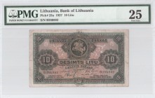 Lithuania 10 Litu 1927 Banknote Bank of Lithuania. S/N B280892. Pick#23a. PMG 25 Very Fine