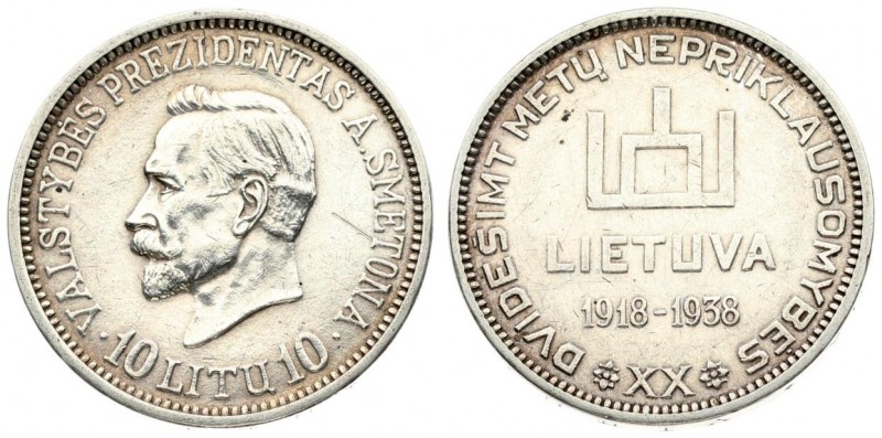 Lithuania 10 Litų (1918-1938) 20th Anniversary of Republic. Averse: Columns of G...