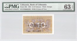 Lithuania 0.1 Talonas 1991 Banknote Bank of Lithuania. S/N BM065592. Pick#29b. PMG 63 Choice Uncirculated