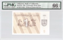 Lithuania 1 Talonas 1991 Banknote Bank of Lithuania. S/N BS 578931. Pick#32a. PMG 66 Gem Uncirculated