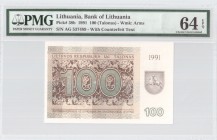 Lithuania 100 Talonas 1991 Banknote Bank of Lithuania. S/N AG 537489. Pick#38b. PMG 64 Choice Uncirculated