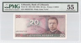 Lithuania 20 Litu 1991 Banknote P#48 № AB2352749 PMG 55 About Uncirculated