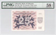 Lithuania 25 Talonas 1991 Banknote Bank of Lithuania. S/N CF 045015. Pick#36a. PMG 58 Choice About UNC