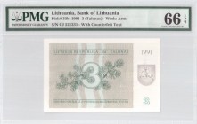 Lithuania 3 Talonas 1991 Banknote Bank of Lithuania. S/N CJ 521331. Pick#33b. PMG 66 Gem Uncirculated