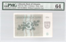 Lithuania 3 Talonas 1991 Banknote Bank of Lithuania. S/N CK026345. Pick#33a. PMG 64 Choice Uncirculated