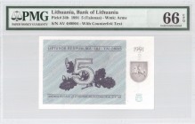 Lithuania 5 Talonas 1991 Banknote Bank of Lithuania. S/N AV 489904. Pick#34b. PMG 66 Gem Uncirculated