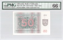 Lithuania 50 Talonas 1991 Banknote Bank of Lithuania. S/N BX 538508. Pick#37b. PMG 66 Gem Uncirculated