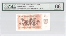 Lithuania 1 Talonas 1992 Banknote Bank of Lithuania. S/N TH085414. Pick#39. PMG 66 Gem Uncirculated
