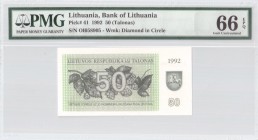 Lithuania 50 Talonas 1992 Banknote Bank of Lithuania. S/N OI058905. Pick#41. PMG 66 Gem Uncirculated