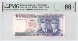Lithuania 10 Litu 1993 Banknote Pick#56a № KAA0000666 PMG 66 Gem Uncirculated