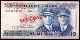 Lithuania 10 Litu Specimen 1993 Banknote P#56s № KAA0000000/722