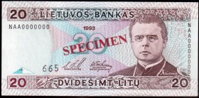 Lithuania 20 Litu Specimen 1993 Banknote P#57s № NAA0000000/665