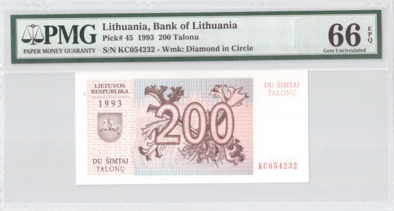 Lithuania 200 Talonu 1993 Banknote Bank of Lithuania. S/N KC054232. Pick#45. PMG...