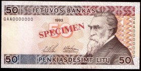Lithuania 50 Litu Specimen 1993 Banknote P#58s № QAA0000000