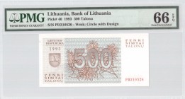 Lithuania 500 Talonu 1993 Banknote Bank of Lithuania. S/N PD310526. Pick#46. PMG 66 Gem Uncirculated