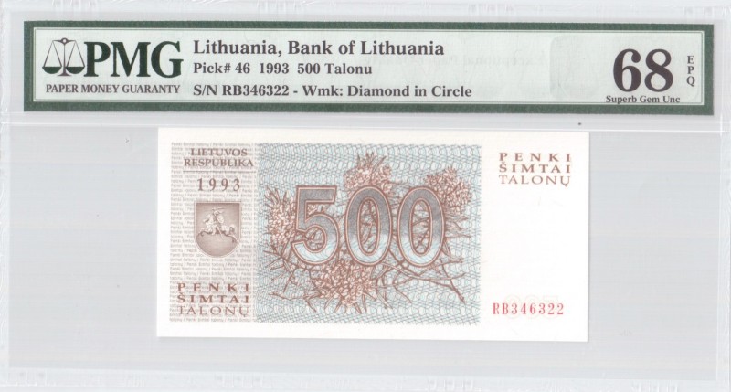 Lithuania 500 Talonu 1993 Banknote Bank of Lithuania. S/N RB346322. Pick#46. PMG...