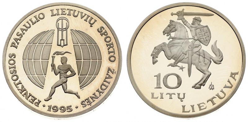 Lithuania 10 Litų 1995 LMK 5th World Sport Games. Averse: National arms and valu...