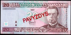 Lithuania 20 Litu Specimen 1997 Banknote P#60s № EAB0000000/0708