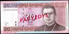 Lithuania 20 Litu Specimen 2007 Banknote P#69s № AA0000000/0139