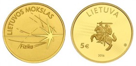 Lithuania 5 Euro 2016 Lithuanian Science Physics. Averse: The averse of the coin features; in the centre a stylised coat of arms of the Republic of Li...