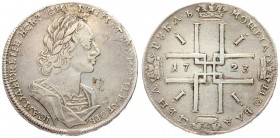 Russia 1 Rouble 1723 Moscow. Peter I (1699-1725). Averse: Laureate bust right. Reverse: Sunburst in center divides date in cruciform with 4 crowns mon...