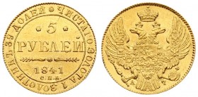 Russia 5 Roubles 1841 СПБ-АЧ St. Petersburg. Nicholas I(1826-1855). Averse: Crowned double imperial eagle. Reverse: Value; text and date within circle...
