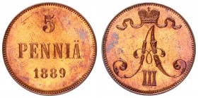 Russia For Finland 5 Pennia 1889 Alexander III (1881-1894). Averse: Crowned monogram. Reverse: Denomination and date. Copper. Edge plain. Bitkin 247