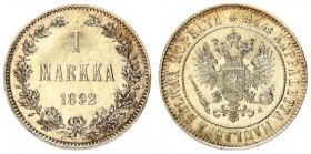 Russia For Finland 1 Markkaa 1892 L Alexander III (1881-1894). Crowned imperial double eagle holding orb and scepter fineness around (text in Finnish)...