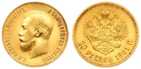 Russia 10 Roubles 1901 (ФЗ) St. Petersburg. Nicholas II (1894-1917). Averse: Head left. Reverse: Crowned double imperial eagle ribbons on crown. Gold....