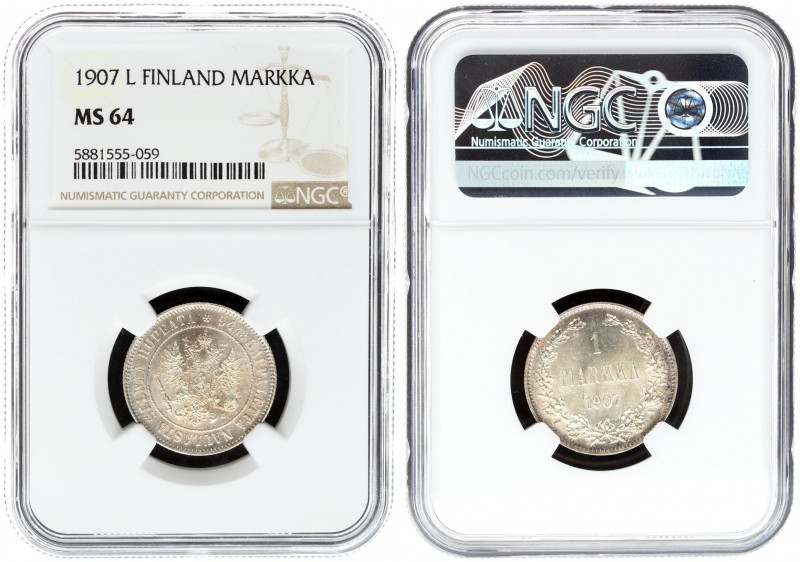 Russia For Finland 1 Markka 1907 L Nicholas II (1894-1917). Crowned imperial dou...