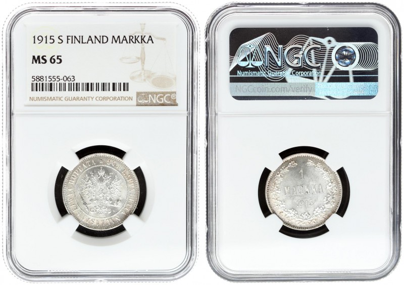 Russia For Finland 1 Markka 1915 S Nicholas II (1894-1917). Crowned imperial dou...