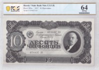 Russia USSR 10 Chervontsev 1937 Banknote Pick#205. № 074437 XЗ. PCGS 64 PPQ