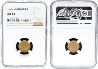Russia USSR 1 Kopeck 1939 Averse: National arms. Reverse: Value and date within oat sprigs. Aluminum-Bronze. Y 105. NGC MS 64