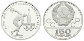 Russia USSR 150 Roubles 1978(L) 1980 Olympics. Averse: National arms divide CCCP with value below. Reverse: Throwing discus. Platinum. Y 163. With Box