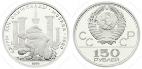 Russia USSR 150 Roubles 1979(L) 1980 Olympics. Averse: National arms divide CCCP with value below. Reverse: Greek wrestlers. Platinum. Y 175. With Box