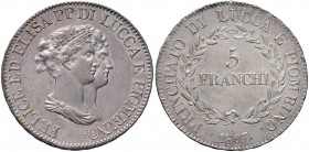 LUCCA Elisa Bonaparte e Felice Baciocchi (1805-1814) 5 Franchi 1807 – Gig. 4 AG Bellissimo esemplare
qFDC