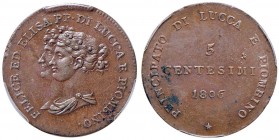 LUCCA Elisa Bonaparte e Felice Baciocchi (1805-1814) 5 Centesimi 1806 – MIR 246 CU In slab PCGS MS63BN 833553.63/35767509. Conservazione eccezionale
...
