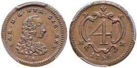 NAPOLI Carlo di Borbone (1734-1759) 4 Cavalli 1756 – Magliocca 173 CU In slab PCGS MS64BN 468620.64/82141216. Conservazione eccezionale in rame rosso...