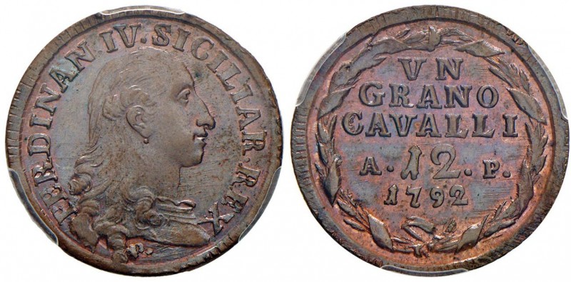 NAPOLI Ferdinando IV (1759-1816) Grano 1792 – Magliocca 317 CU In slab PCGS MS64...