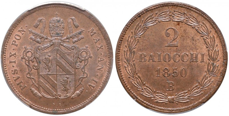 Pio IX (1846-1870) Bologna - 2 Baiocchi 1850 A. IV – Nomisma 556 CU In slab PCGS...