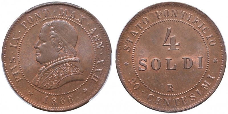 Pio IX (1846-1870) Monetazione decimale - 4 Soldi 1868 A. XXII – Nomisma 677 CU ...