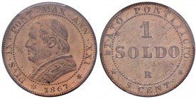Pio IX (1846-1870) Monetazione decimale - Soldo 1867 A. XXI – Nomisma 683a CU In slab PCGS MS64RB 412819.64/26288247. Conservazione eccezionale in ram...