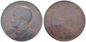 Vittorio Emanuele III (1900-1946) Somalia - 4 Bese 1924 – Nomisma 1434 CU In slab PCGS MS66BN 343759.66/82144851. Conservazione eccezionale in rame ro...
