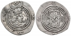 Imperio Sasánida. Khusro II. Dracma. Año 25. BBA (Ceca itinerante de la corte). (Göbl-II/3). Ar. 3,17 g. MBC+. Est...40,00.