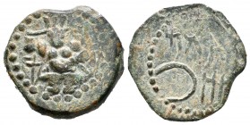 Ebusus. Semis. 20 a.C. Ibiza. (Abh-946). (Acip-757). Anv.:  Bes con martillo y serpiente, a su izquierda letra púnica Aleph. Rev.: Leyenda fenicia. Ae...