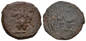 Ebusus. Semis. 50 a.C. Ibiza. (Abh-952). (Acip-748). (C-48). Anv.: Bes con martillo y serpiente, a la izquierda letras fenicias mem y beth. Ae. 5,80 g...