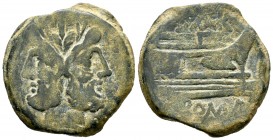 Atilia. Sex. Atilius Saranus. As. 155 a.C. Roma. (Craw-199/2). Anv.: Cabeza de Jano, encima I. Rev.: Proa a derecha, encima SAR, debajo ROMA. Ae. 18,7...